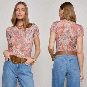 L'AGENCE Ressi Fitted Tee Orange Light Blue Paisley‎ Women XS Soft Micro Rib NEW